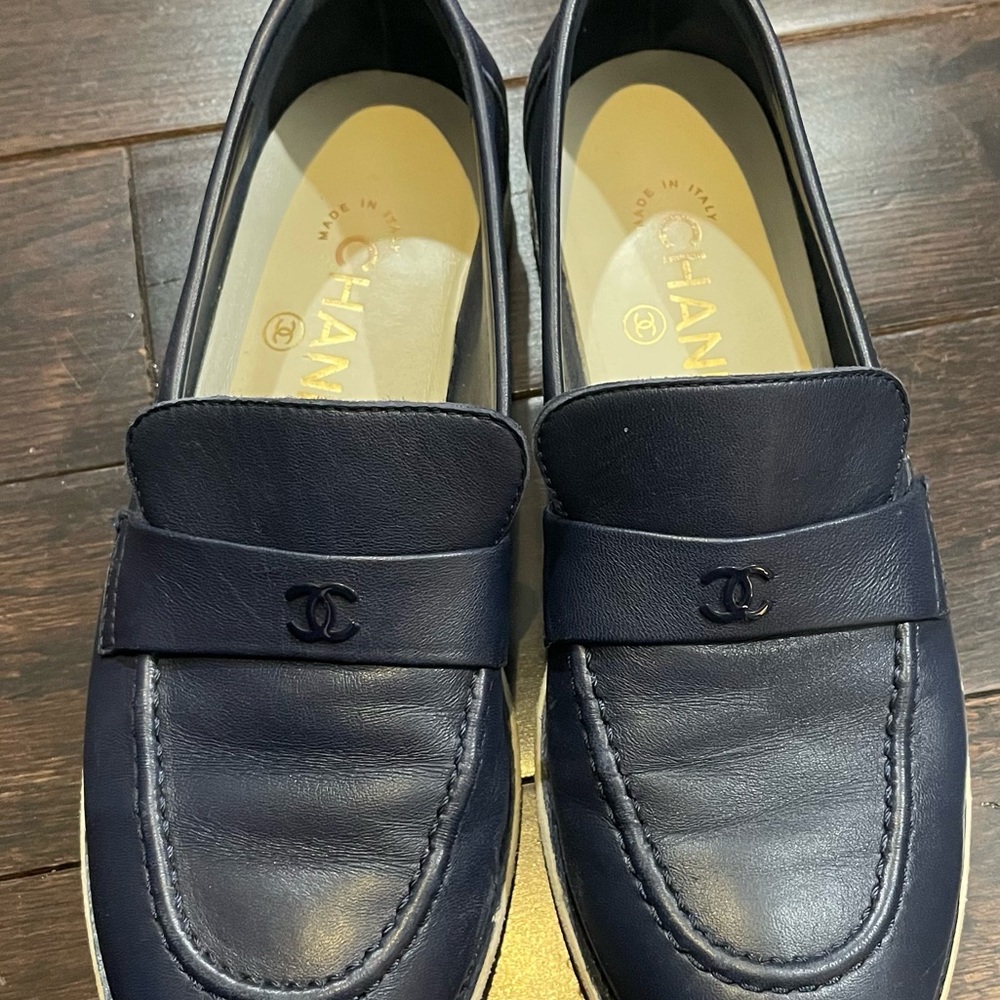 CHANEL Navy Leather Penny Loafers - Picture 2 of 12